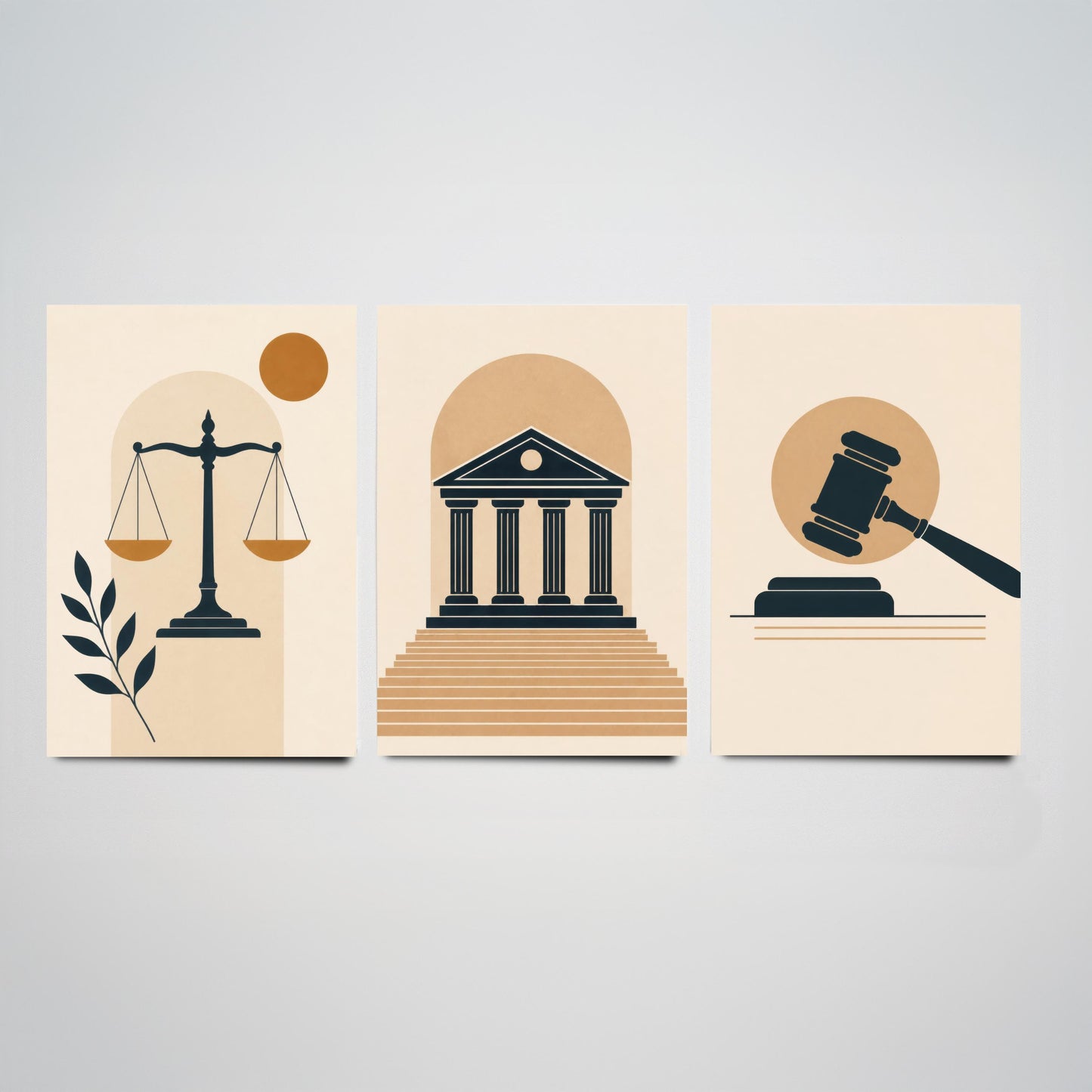 Law and Justice Set of Three Art Prints - 3 Minimalist Posters - Scales, Courthouse, Gavel Illustration - Lawyer Gift V1
