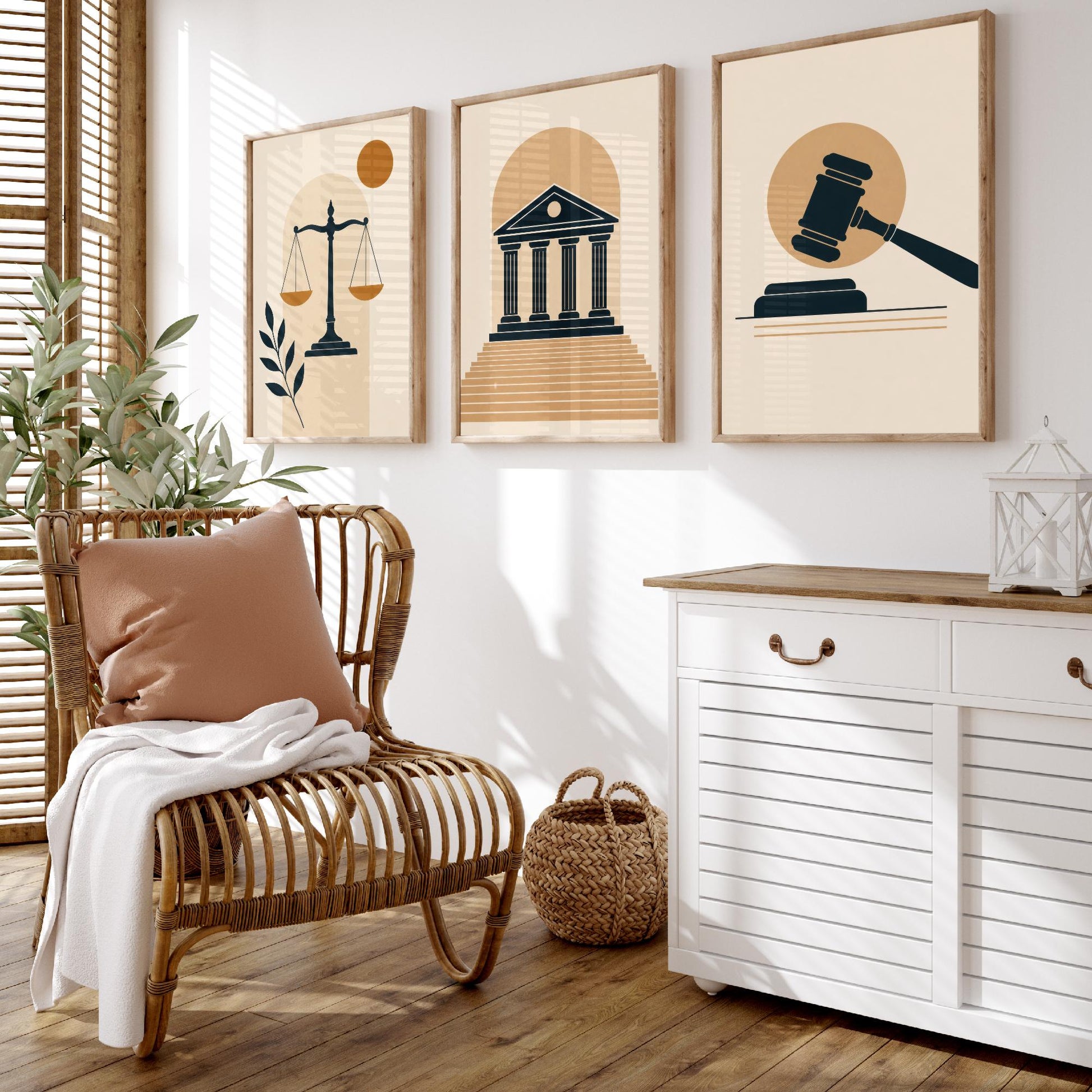 Law and Justice Set of Three Art Prints - 3 Minimalist Posters - Scales, Courthouse, Gavel Illustration - Lawyer Gift V1