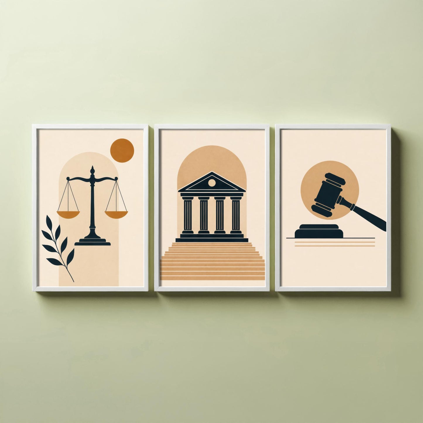 Law and Justice Set of Three Art Prints - 3 Minimalist Posters - Scales, Courthouse, Gavel Illustration - Lawyer Gift V1
