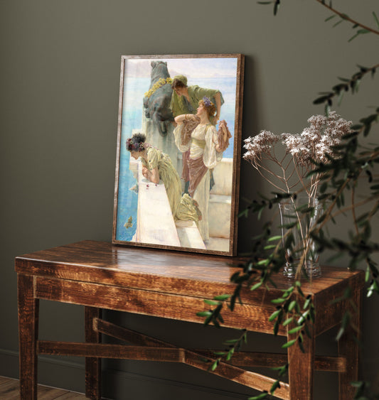 Lawrence Alma-Tadema - A Coign of Vantage (1895) - Classic Painting Art Print - Roman Women Marble Terrace Blue Sea Poster V2
