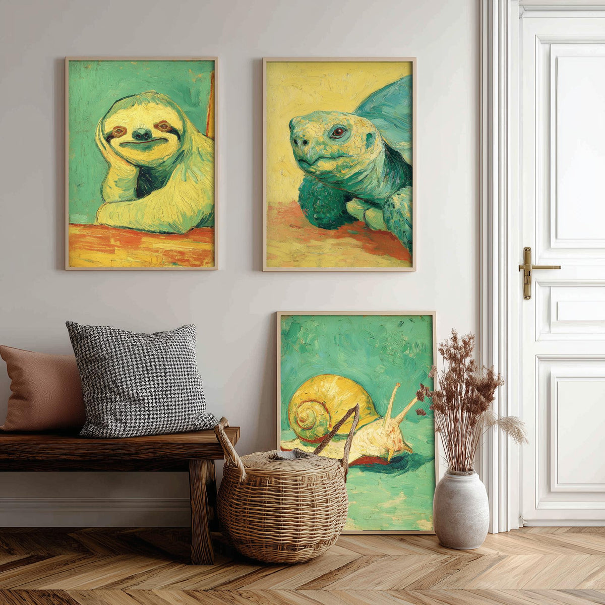 Lazy Animals Set of Three Art Prints - 3 Sloth Turtle Snail Van Gogh Style Paintings - Poster Wall Art Gift Funny Illustration