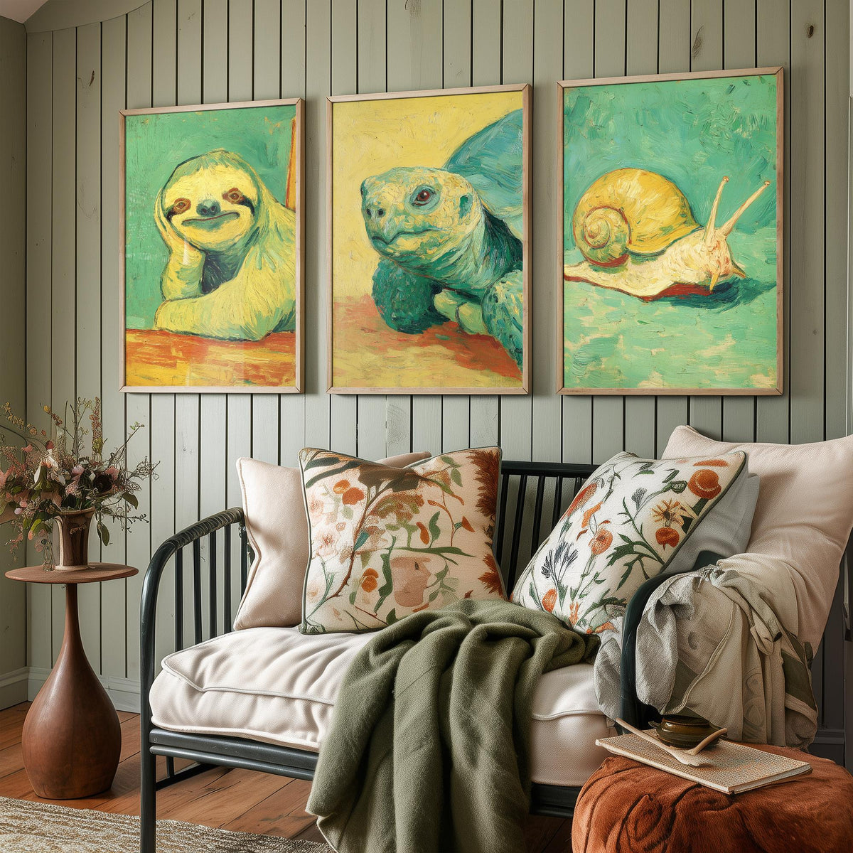 Lazy Animals Set of Three Art Prints - 3 Sloth Turtle Snail Van Gogh Style Paintings - Poster Wall Art Gift Funny Illustration