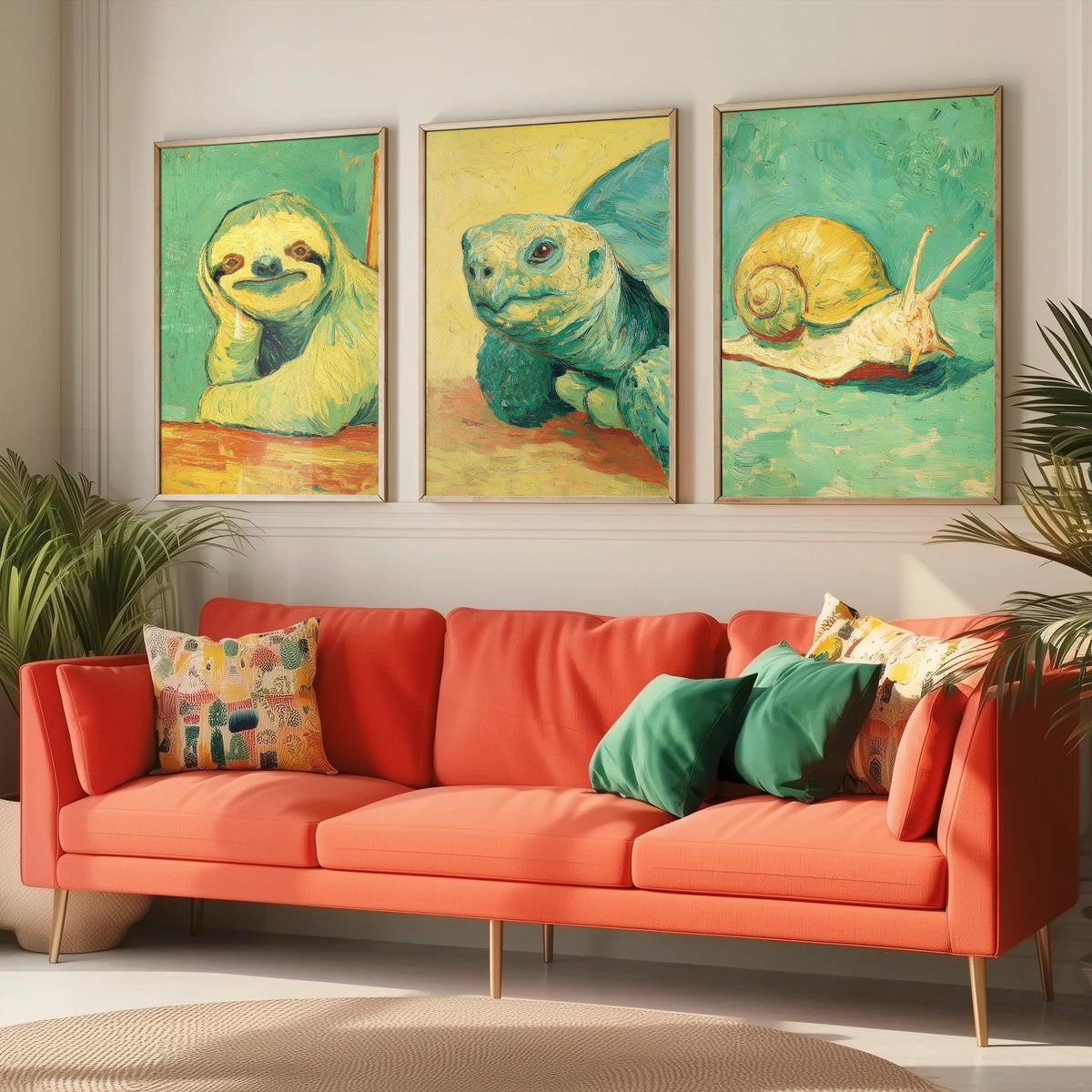 Lazy Animals Set of Three Art Prints - 3 Sloth Turtle Snail Van Gogh Style Paintings - Poster Wall Art Gift Funny Illustration