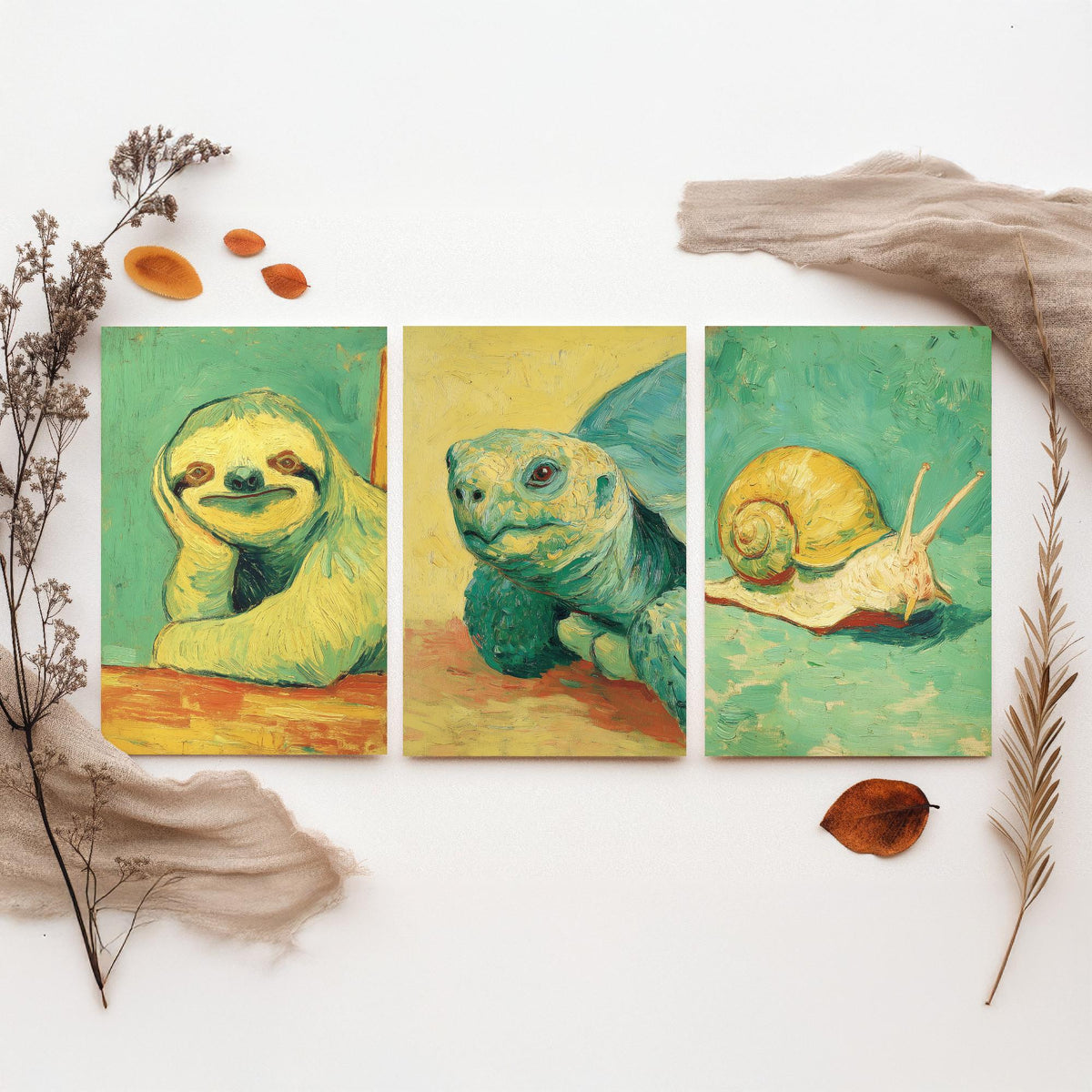 Lazy Animals Set of Three Art Prints - 3 Sloth Turtle Snail Van Gogh Style Paintings - Poster Wall Art Gift Funny Illustration