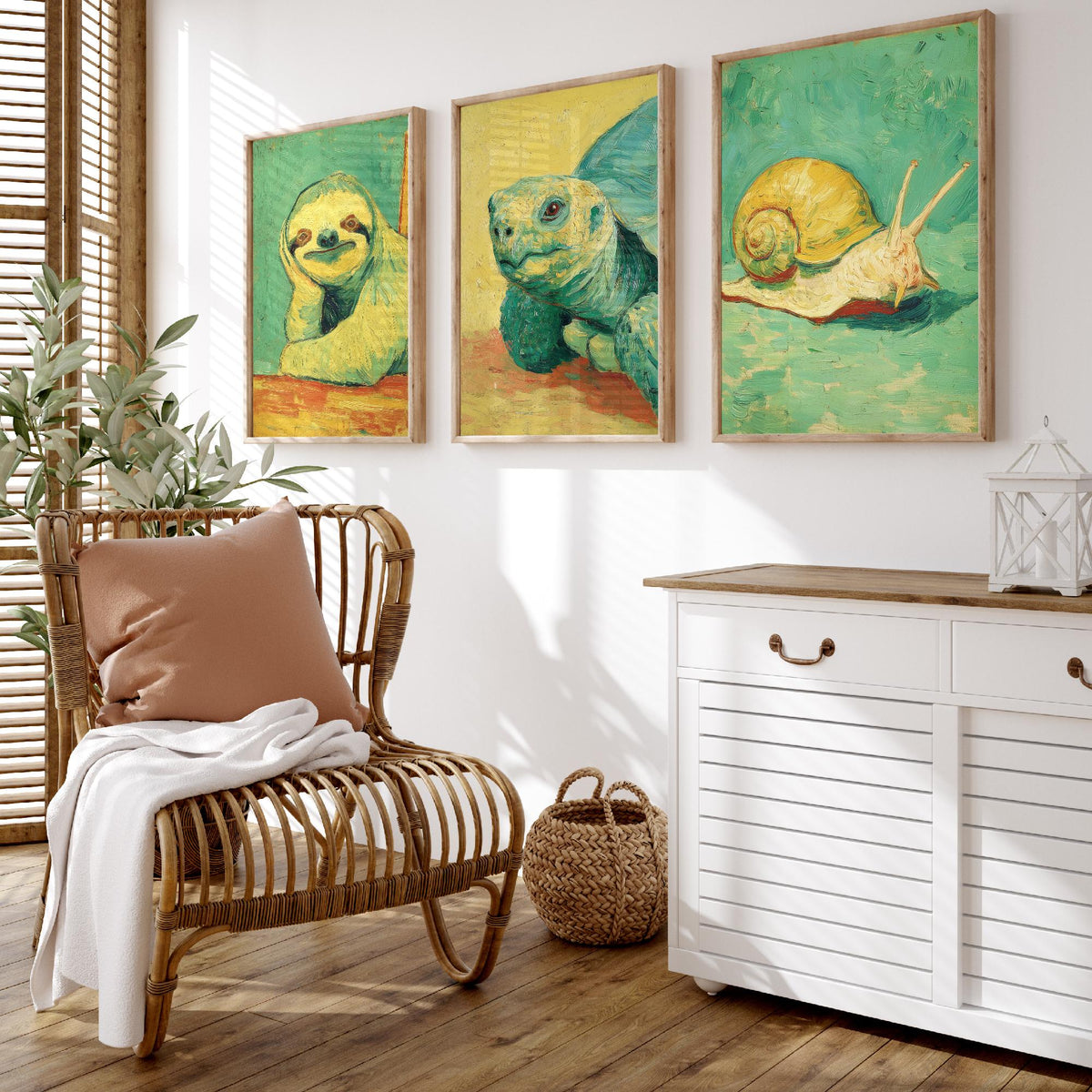 Lazy Animals Set of Three Art Prints - 3 Sloth Turtle Snail Van Gogh Style Paintings - Poster Wall Art Gift Funny Illustration