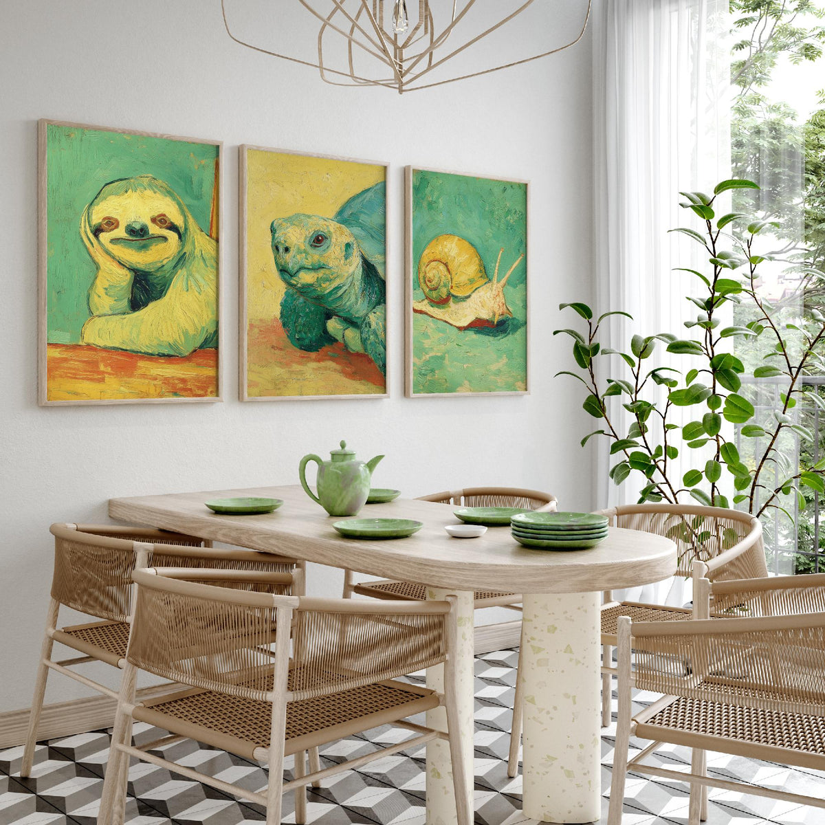 Lazy Animals Set of Three Art Prints - 3 Sloth Turtle Snail Van Gogh Style Paintings - Poster Wall Art Gift Funny Illustration
