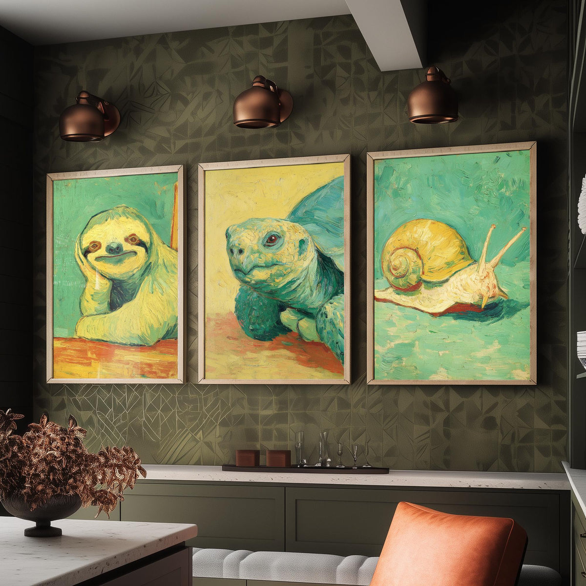 Lazy Animals Set of Three Art Prints - 3 Sloth Turtle Snail Van Gogh Style Paintings - Poster Wall Art Gift Funny Illustration