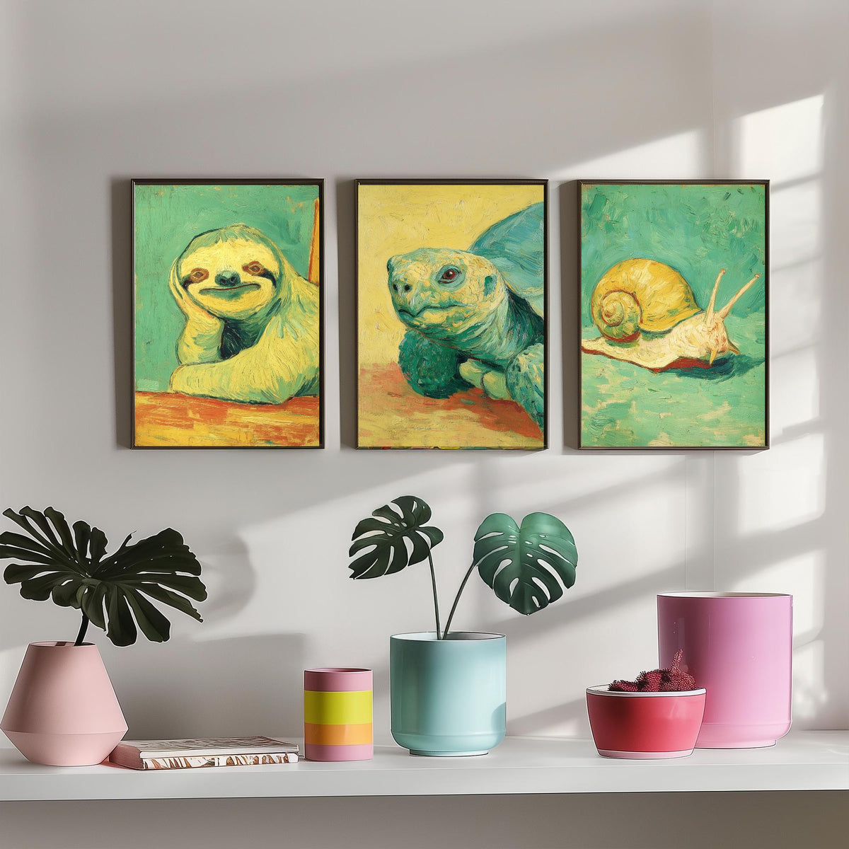 Lazy Animals Set of Three Art Prints - 3 Sloth Turtle Snail Van Gogh Style Paintings - Poster Wall Art Gift Funny Illustration