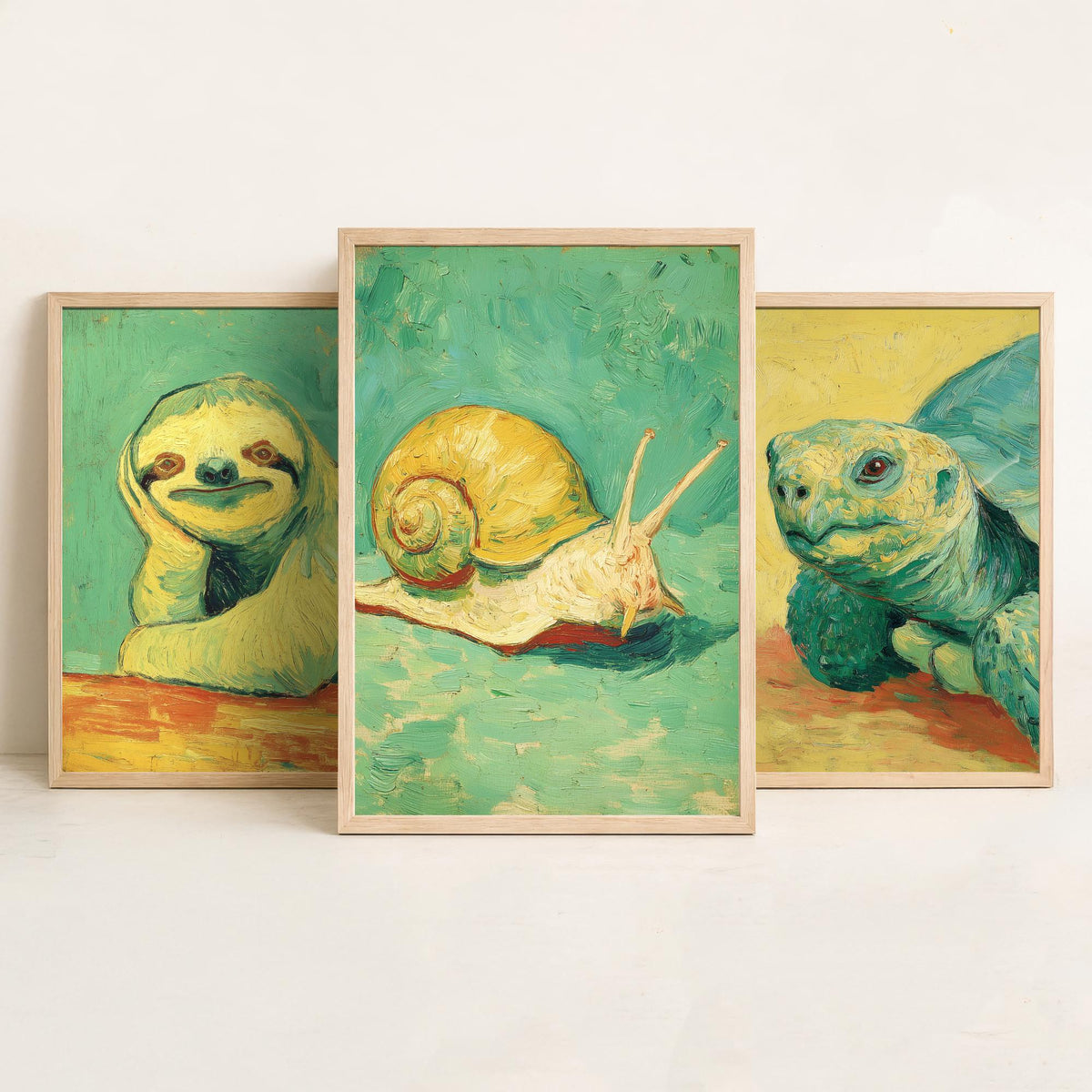 Lazy Animals Set of Three Art Prints - 3 Sloth Turtle Snail Van Gogh Style Paintings - Poster Wall Art Gift Funny Illustration