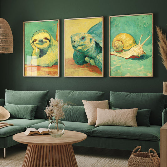 Lazy Animals Set of Three Art Prints - 3 Sloth Turtle Snail Van Gogh Style Paintings - Poster Wall Art Gift Funny Illustration