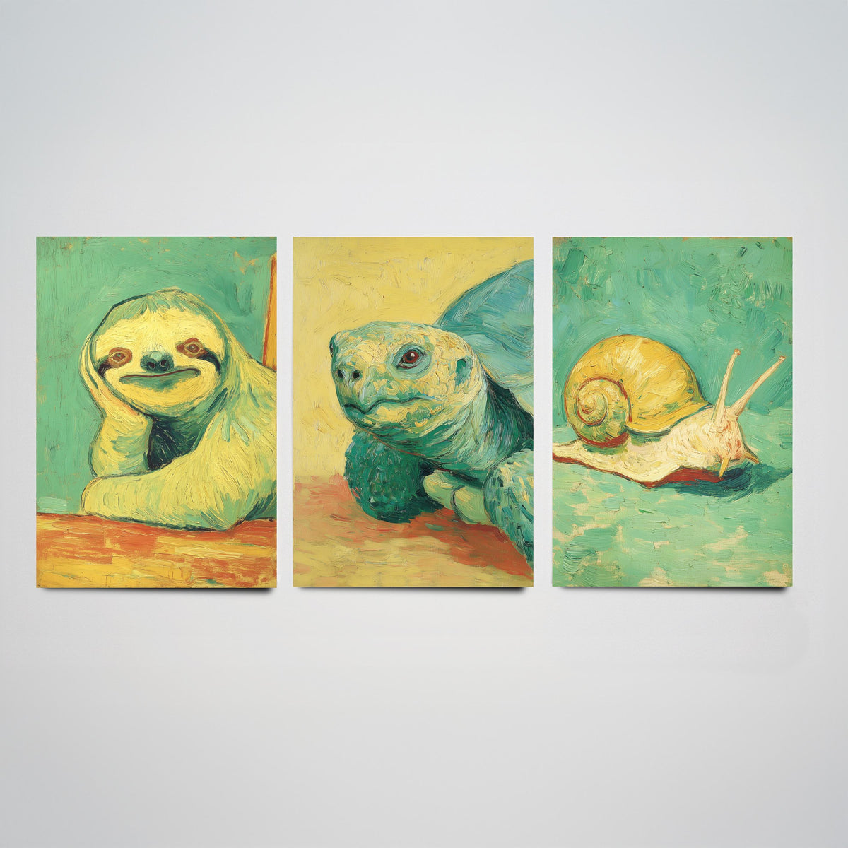Lazy Animals Set of Three Art Prints - 3 Sloth Turtle Snail Van Gogh Style Paintings - Poster Wall Art Gift Funny Illustration