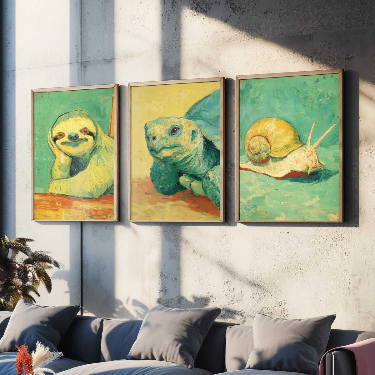 Lazy Animals Set of Three Art Prints - 3 Sloth Turtle Snail Van Gogh Style Paintings - Poster Wall Art Gift Funny Illustration