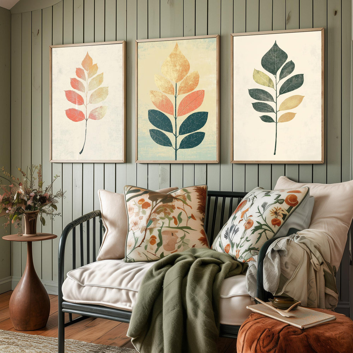 Botanical Leaf Set of Three Art Prints - 3 Autumn Leaf Sprig Posters - Minimalist Illustration Wall Art Gift Nature Painting Decor