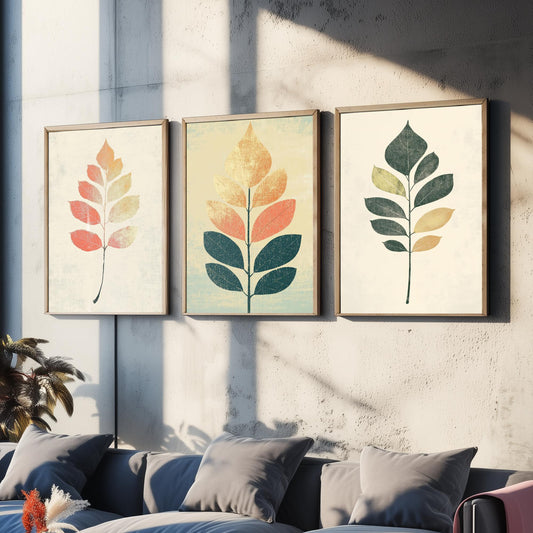 Botanical Leaf Set of Three Art Prints - 3 Autumn Leaf Sprig Posters - Minimalist Illustration Wall Art Gift Nature Painting Decor
