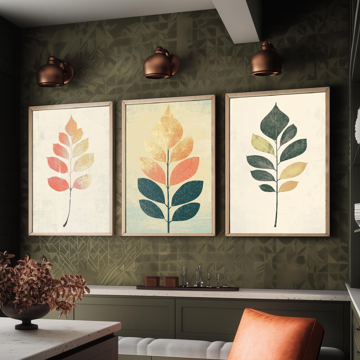 Botanical Leaf Set of Three Art Prints - 3 Autumn Leaf Sprig Posters - Minimalist Illustration Wall Art Gift Nature Painting Decor