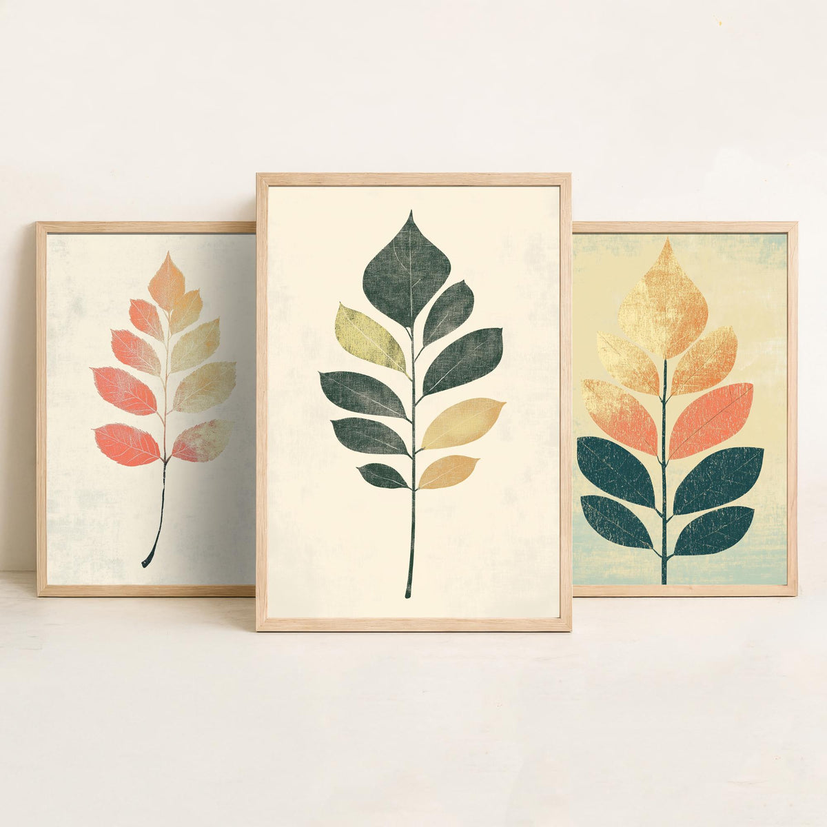 Botanical Leaf Set of Three Art Prints - 3 Autumn Leaf Sprig Posters - Minimalist Illustration Wall Art Gift Nature Painting Decor