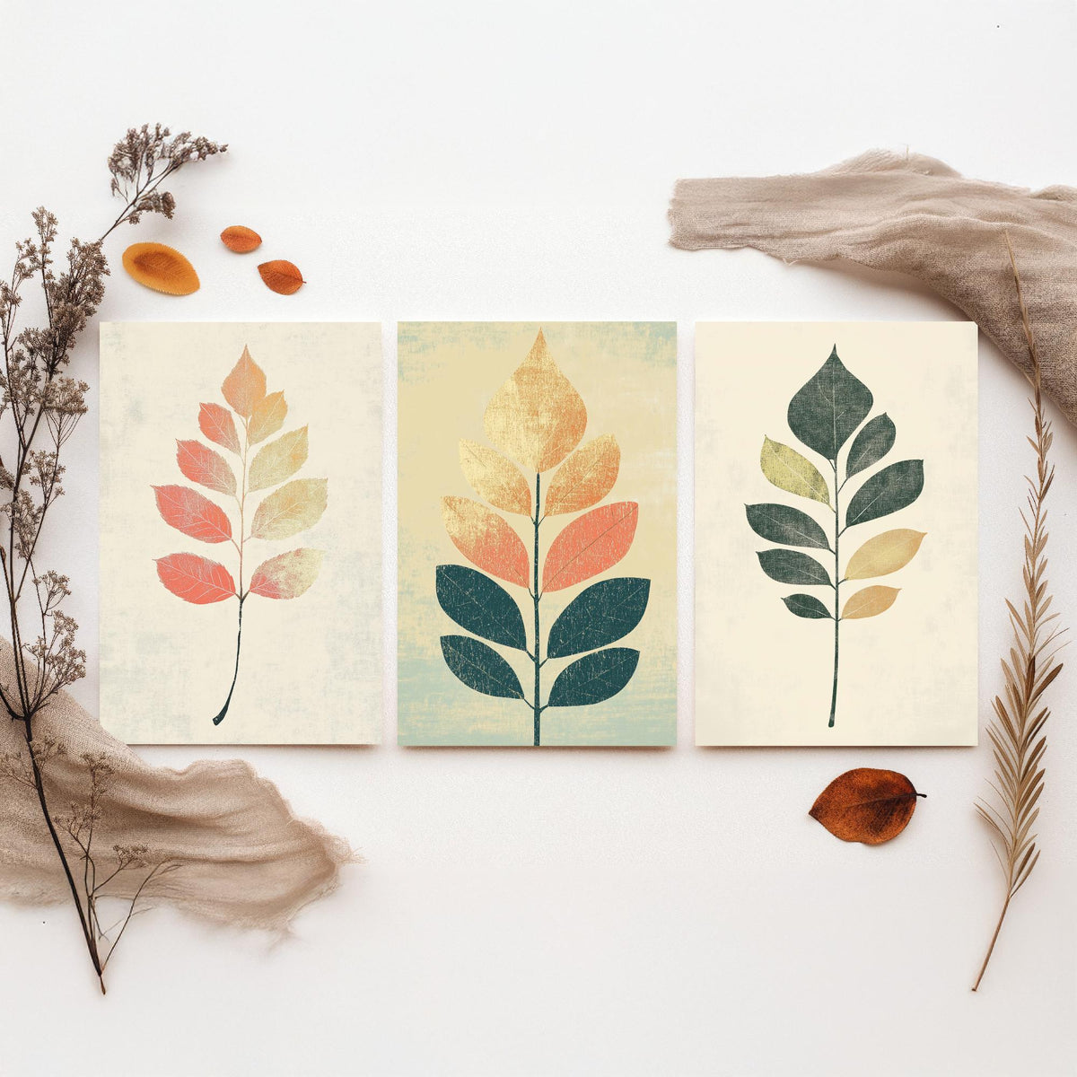 Botanical Leaf Set of Three Art Prints - 3 Autumn Leaf Sprig Posters - Minimalist Illustration Wall Art Gift Nature Painting Decor