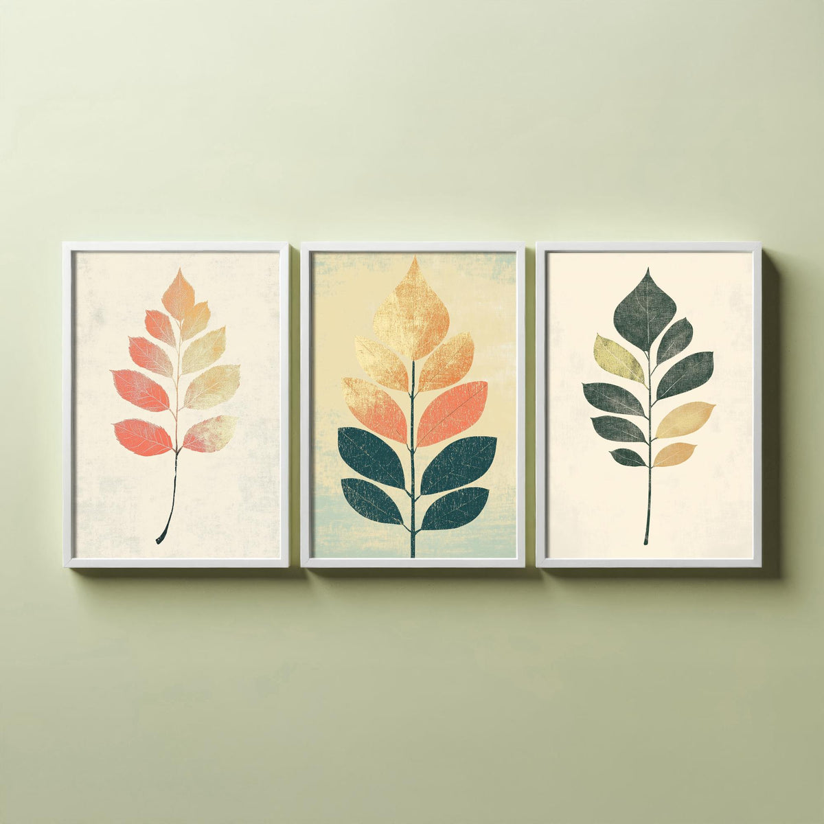 Botanical Leaf Set of Three Art Prints - 3 Autumn Leaf Sprig Posters - Minimalist Illustration Wall Art Gift Nature Painting Decor