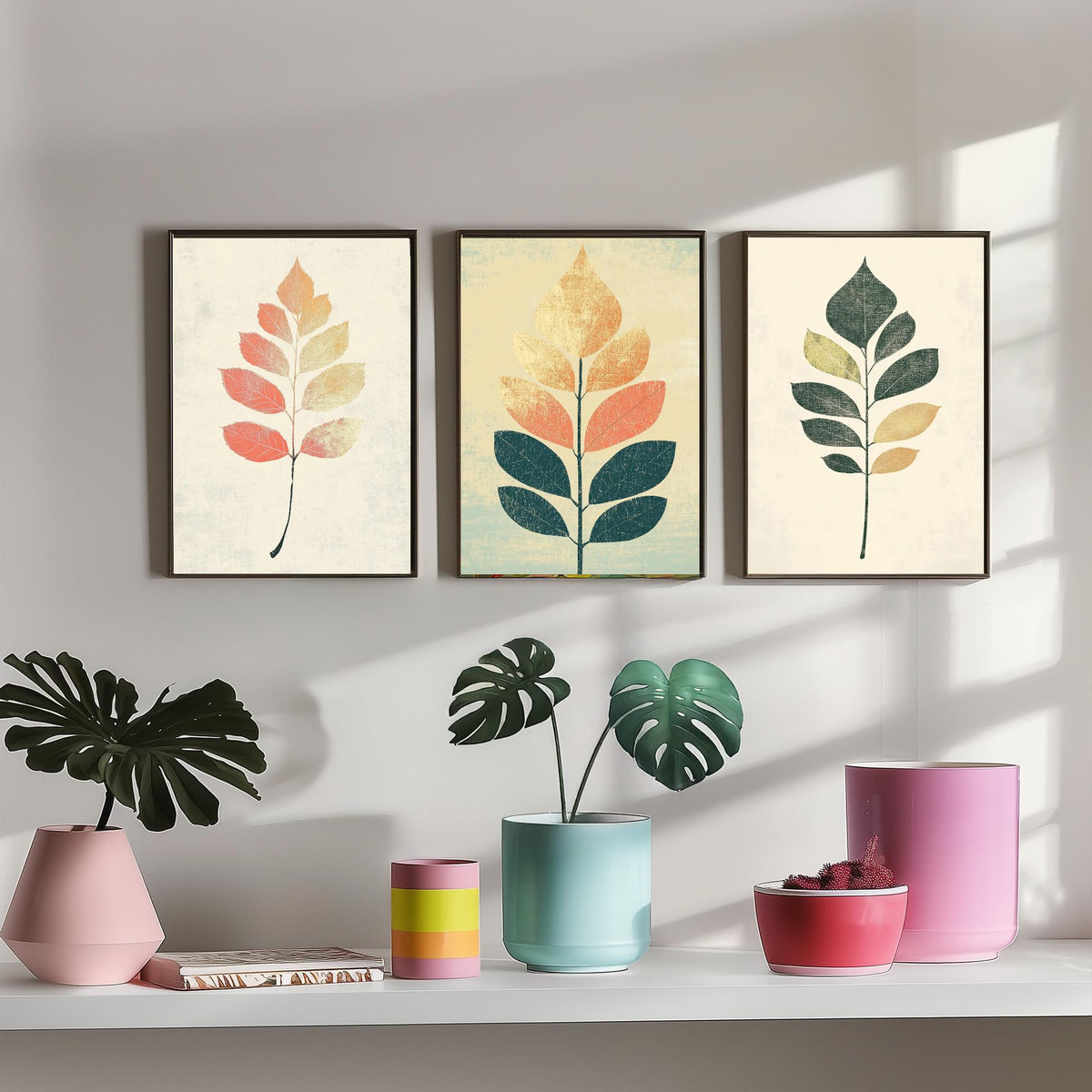 Botanical Leaf Set of Three Art Prints - 3 Autumn Leaf Sprig Posters - Minimalist Illustration Wall Art Gift Nature Painting Decor