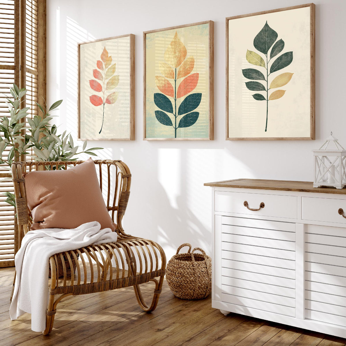 Botanical Leaf Set of Three Art Prints - 3 Autumn Leaf Sprig Posters - Minimalist Illustration Wall Art Gift Nature Painting Decor