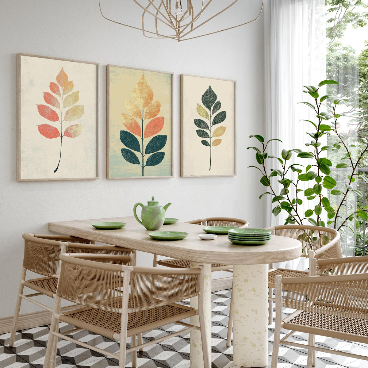 Botanical Leaf Set of Three Art Prints - 3 Autumn Leaf Sprig Posters - Minimalist Illustration Wall Art Gift Nature Painting Decor