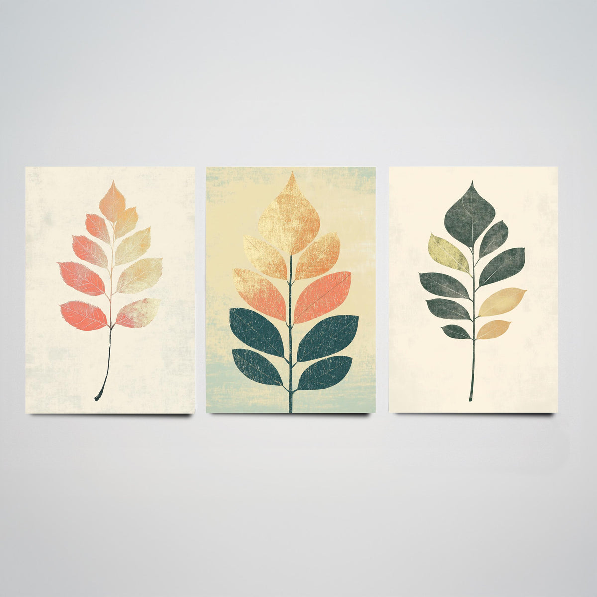 Botanical Leaf Set of Three Art Prints - 3 Autumn Leaf Sprig Posters - Minimalist Illustration Wall Art Gift Nature Painting Decor