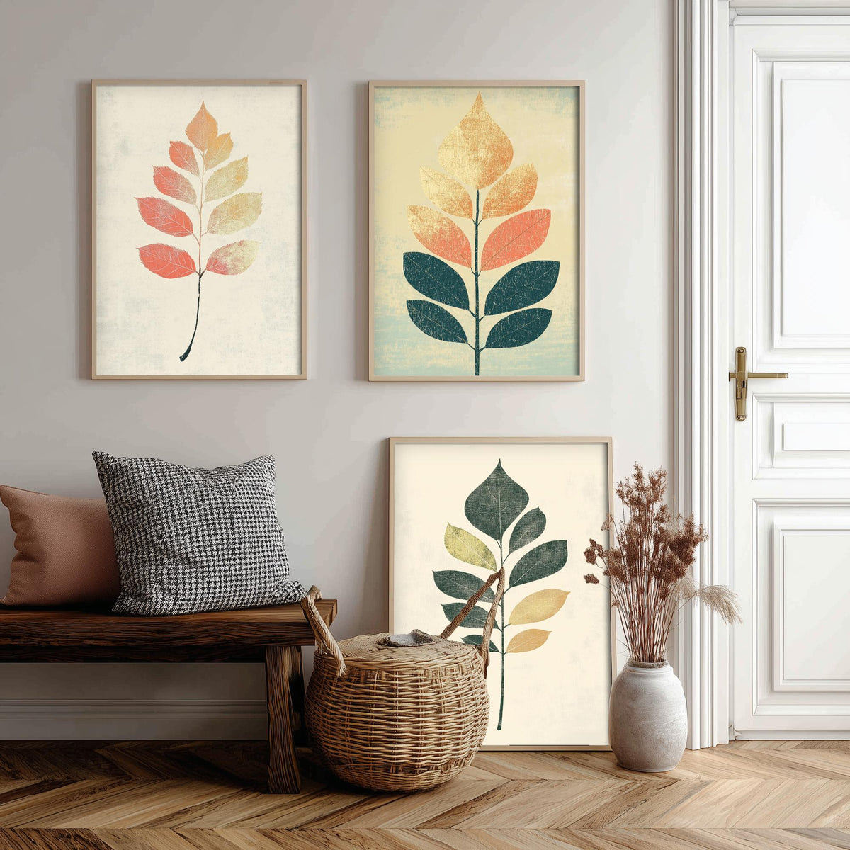 Botanical Leaf Set of Three Art Prints - 3 Autumn Leaf Sprig Posters - Minimalist Illustration Wall Art Gift Nature Painting Decor