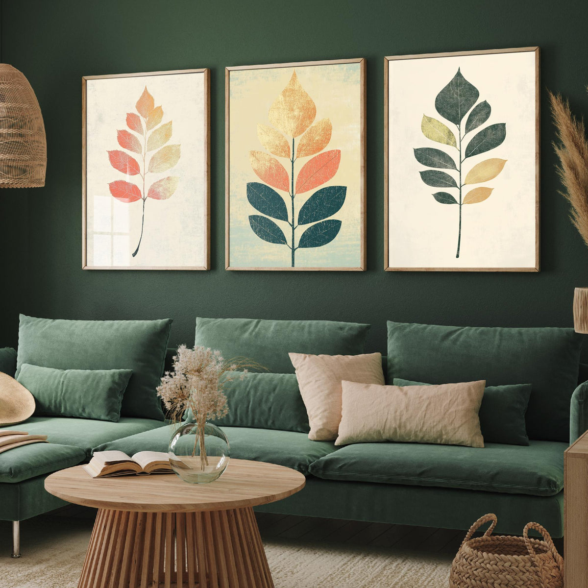 Botanical Leaf Set of Three Art Prints - 3 Autumn Leaf Sprig Posters - Minimalist Illustration Wall Art Gift Nature Painting Decor
