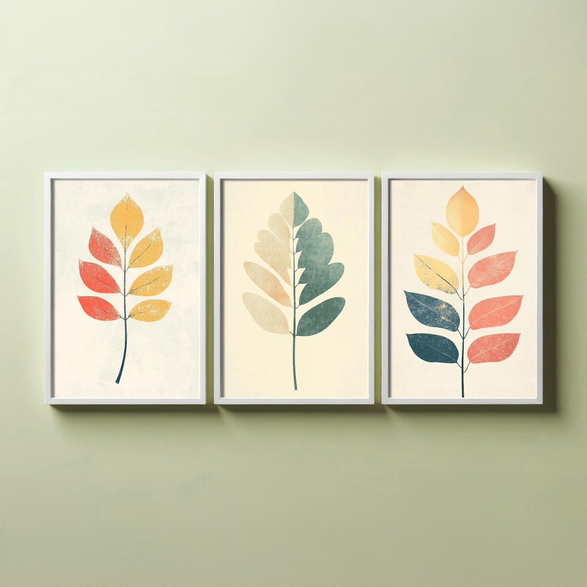 Leaf Sprig Set of Three Art Prints - 3 Botanical Foliage Posters - Modern Boho Illustration Wall Art Nature Gift Painting Decor V2