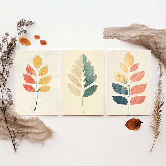Leaf Sprig Set of Three Art Prints - 3 Botanical Foliage Posters - Modern Boho Illustration Wall Art Nature Gift Painting Decor V2