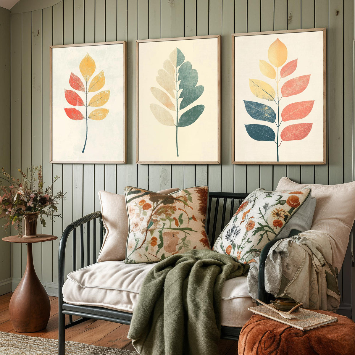 Leaf Sprig Set of Three Art Prints - 3 Botanical Foliage Posters - Modern Boho Illustration Wall Art Nature Gift Painting Decor V2