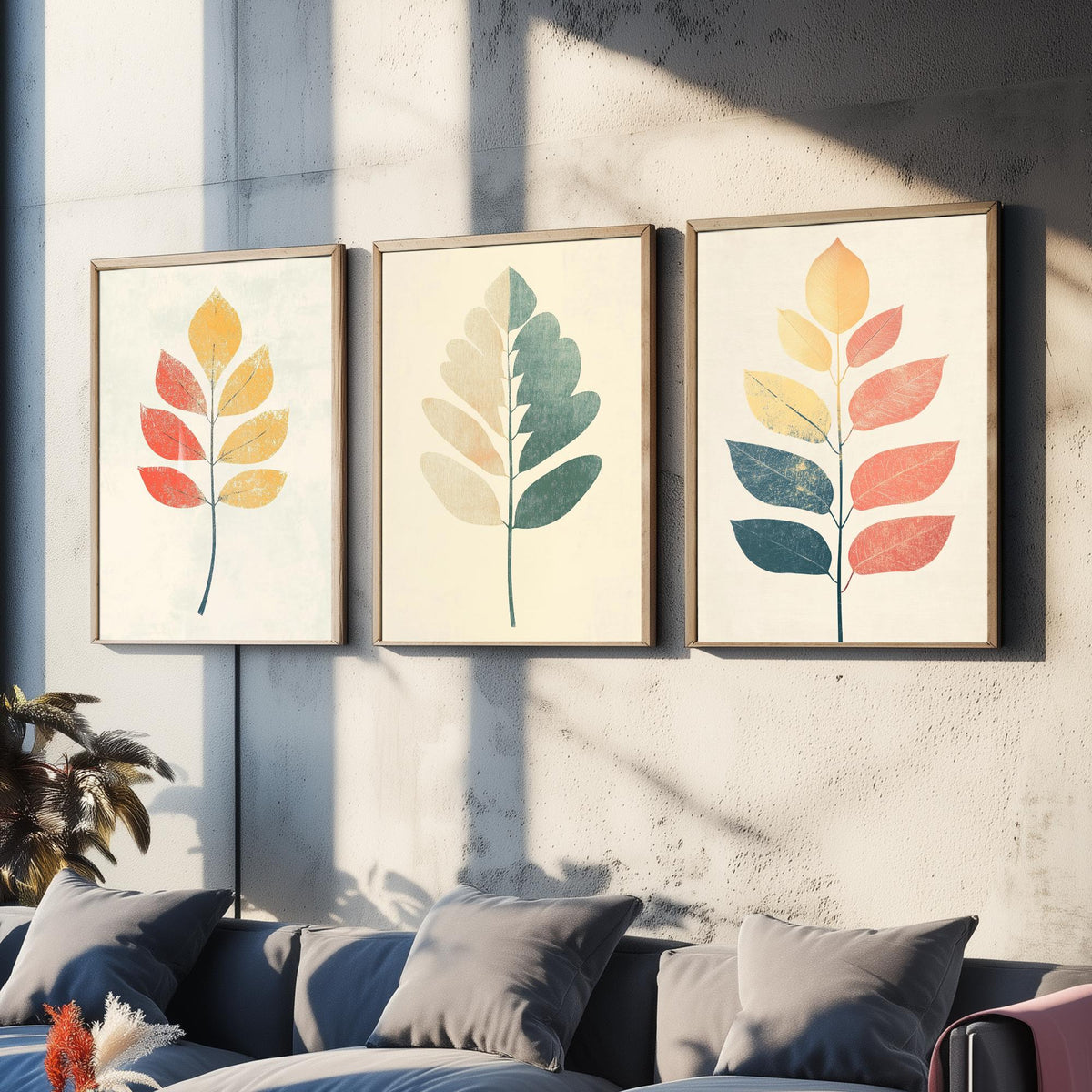 Leaf Sprig Set of Three Art Prints - 3 Botanical Foliage Posters - Modern Boho Illustration Wall Art Nature Gift Painting Decor V2