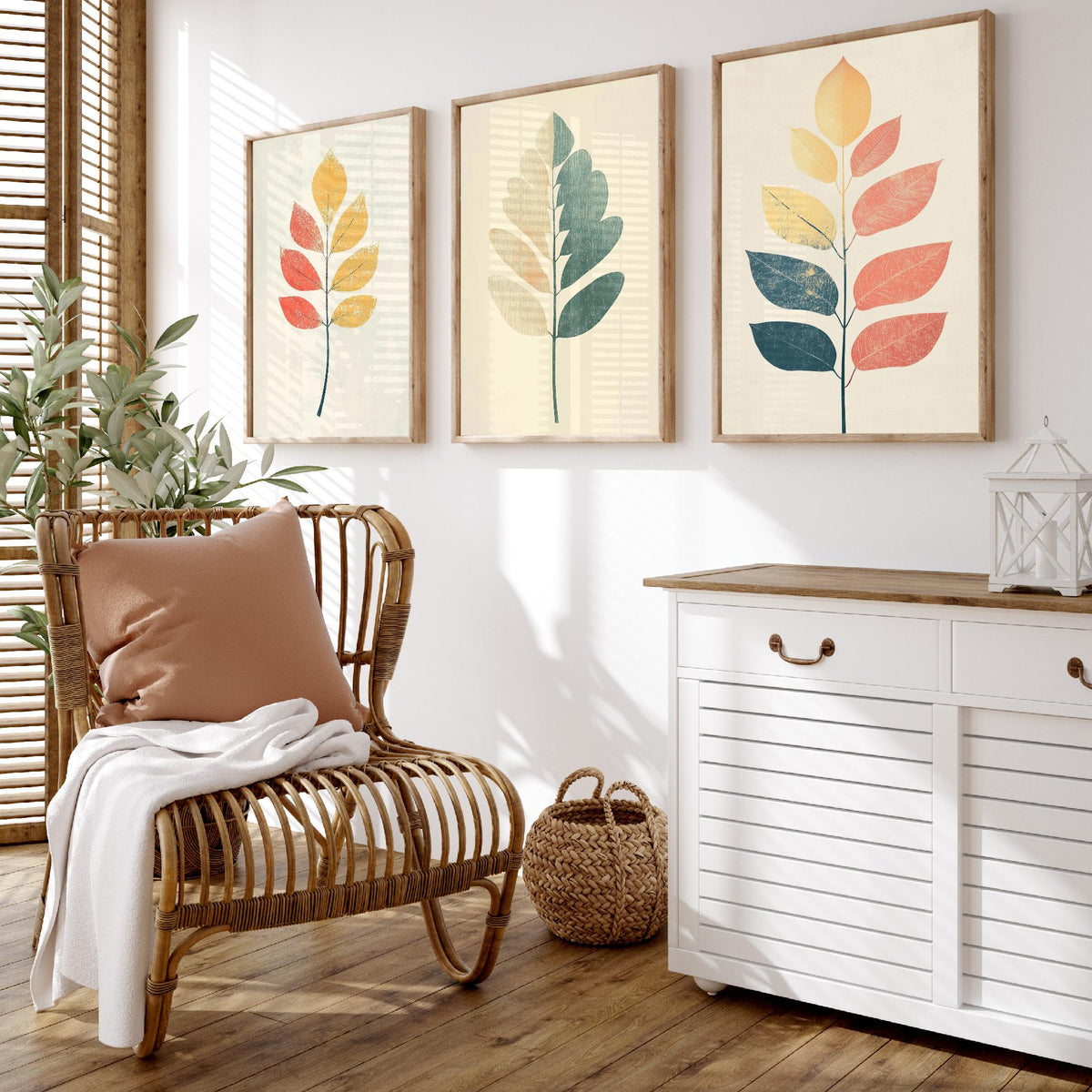 Leaf Sprig Set of Three Art Prints - 3 Botanical Foliage Posters - Modern Boho Illustration Wall Art Nature Gift Painting Decor V2