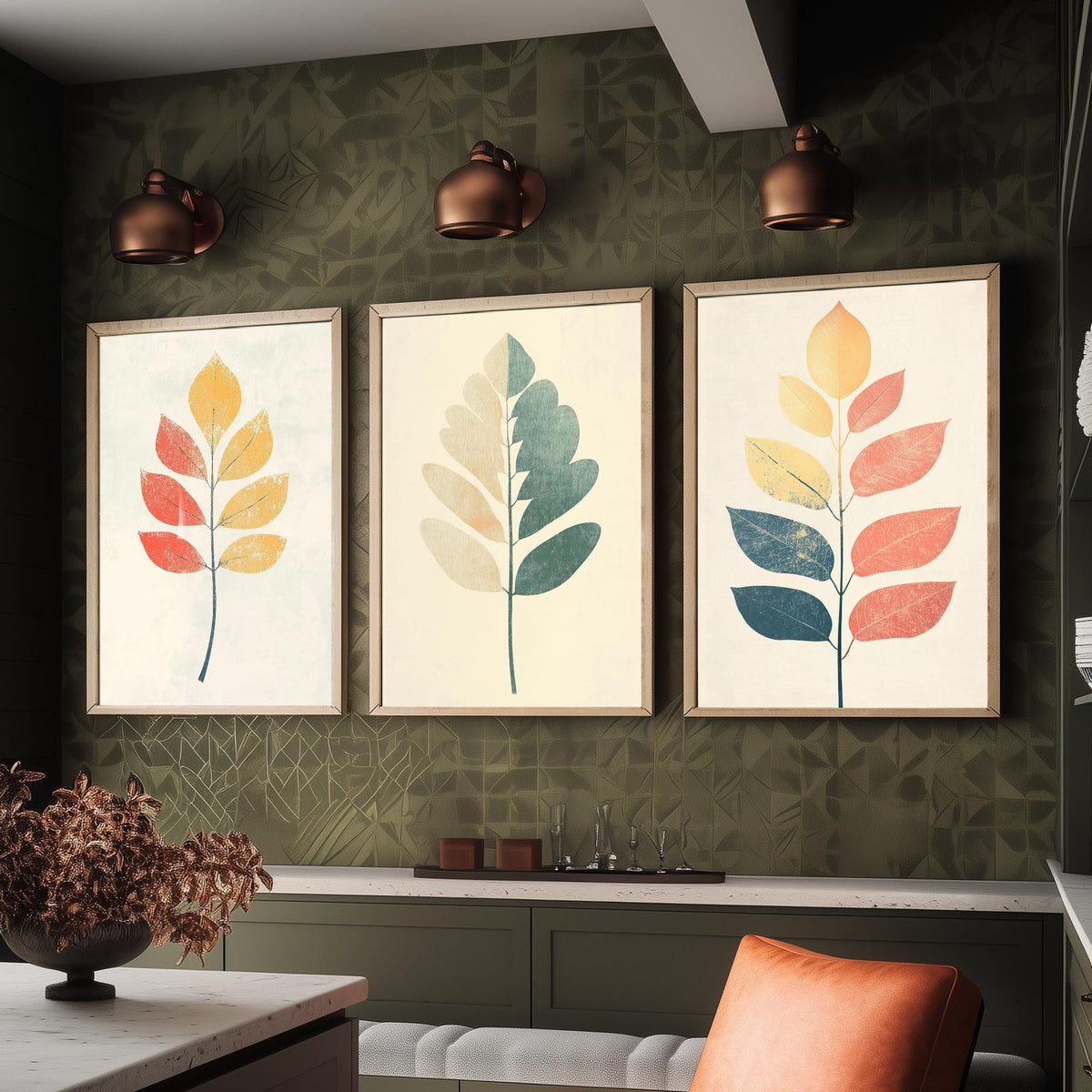 Leaf Sprig Set of Three Art Prints - 3 Botanical Foliage Posters - Modern Boho Illustration Wall Art Nature Gift Painting Decor V2