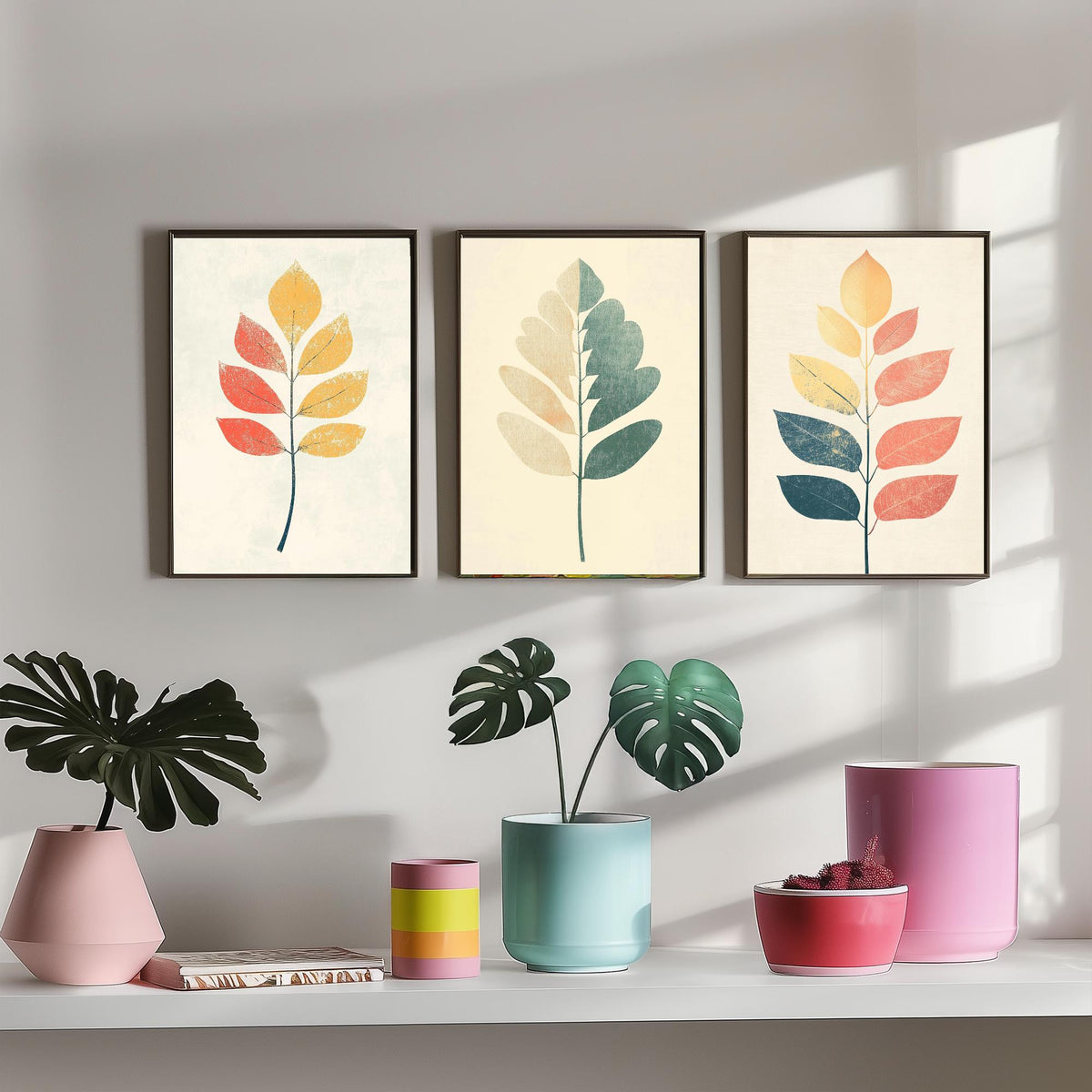 Leaf Sprig Set of Three Art Prints - 3 Botanical Foliage Posters - Modern Boho Illustration Wall Art Nature Gift Painting Decor V2