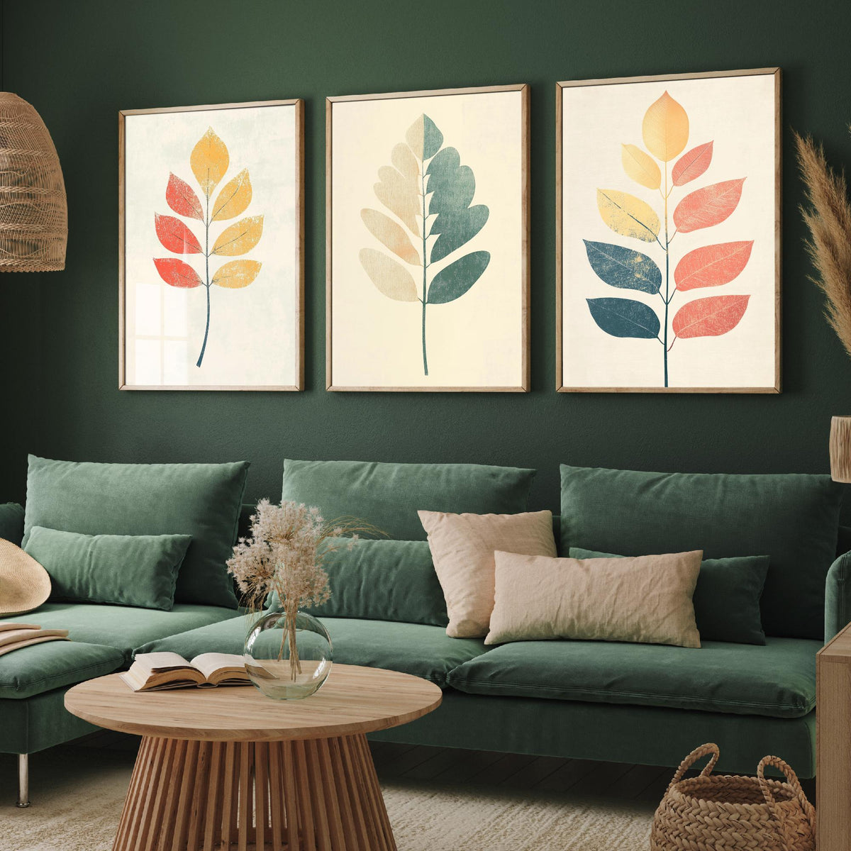 Leaf Sprig Set of Three Art Prints - 3 Botanical Foliage Posters - Modern Boho Illustration Wall Art Nature Gift Painting Decor V2