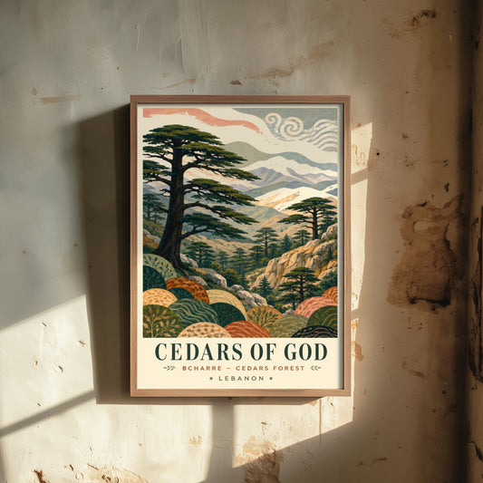 Cedars of God Lebanon Travel Poster - Art Print - Boho Illustration - Bcharre Cedar Forest Wall Art V1 1/3