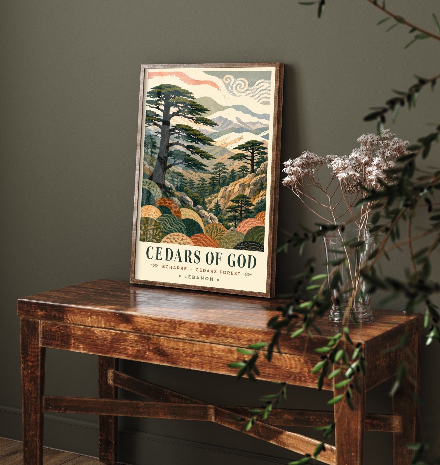Cedars of God Lebanon Travel Poster - Art Print - Boho Illustration - Bcharre Cedar Forest Wall Art V1 1/3