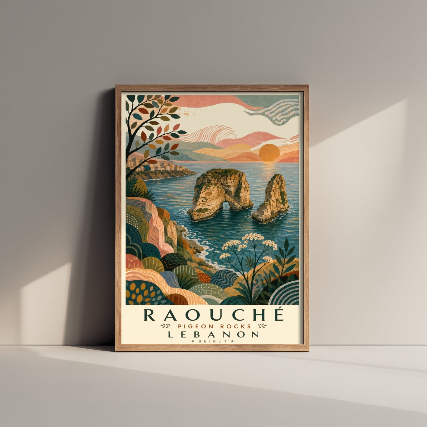 Pigeon Rocks Beirut Lebanon Travel Poster - Art Print - Boho Illustration - Raouche Coastal Wall Art V1 2/3