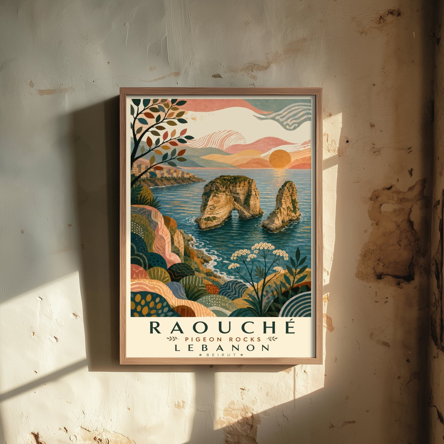 Pigeon Rocks Beirut Lebanon Travel Poster - Art Print - Boho Illustration - Raouche Coastal Wall Art V1 2/3