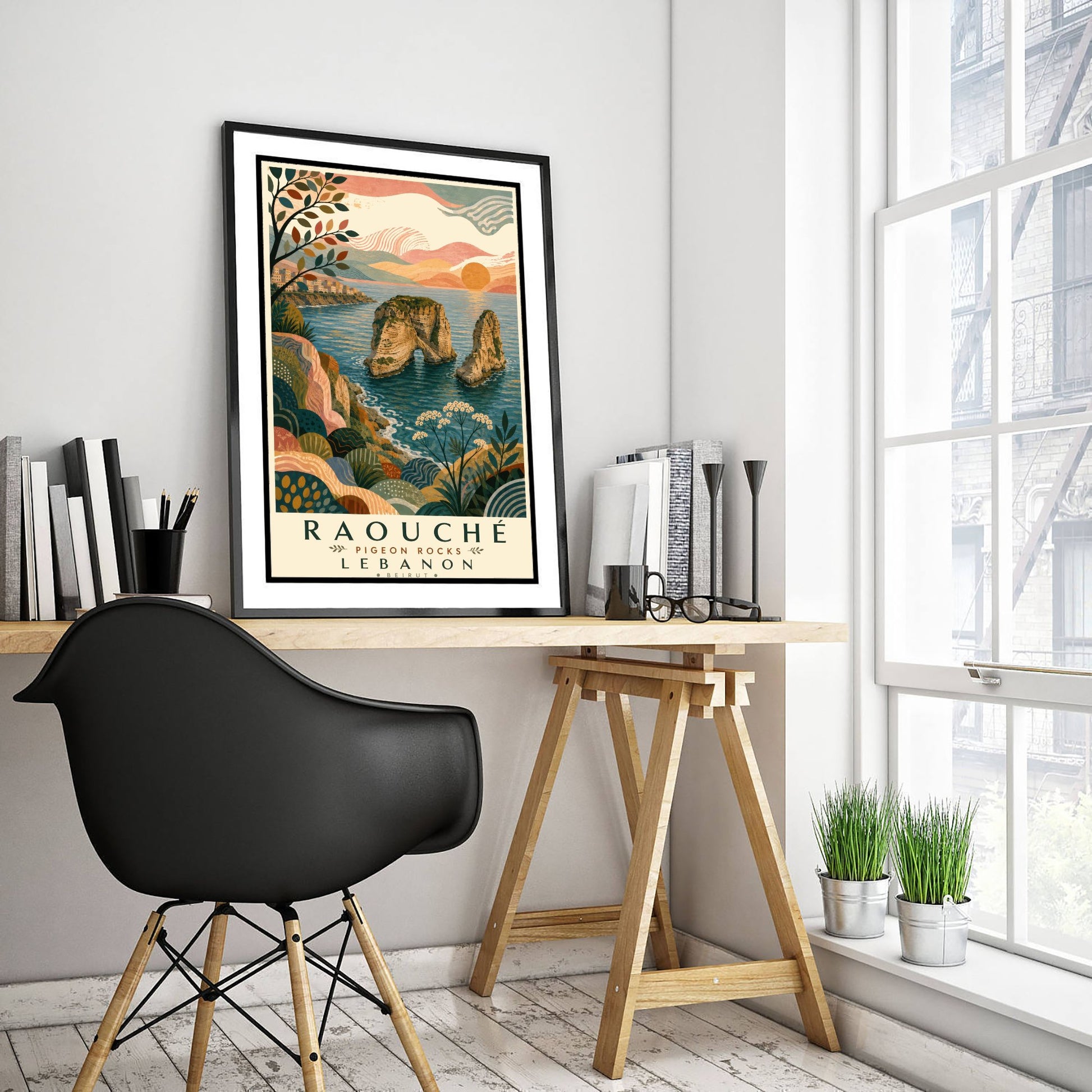 Pigeon Rocks Beirut Lebanon Travel Poster - Art Print - Boho Illustration - Raouche Coastal Wall Art V1 2/3