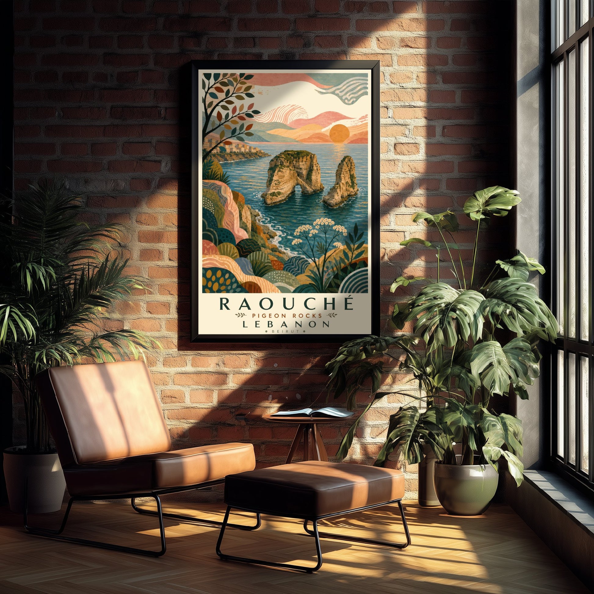 Pigeon Rocks Beirut Lebanon Travel Poster - Art Print - Boho Illustration - Raouche Coastal Wall Art V1 2/3
