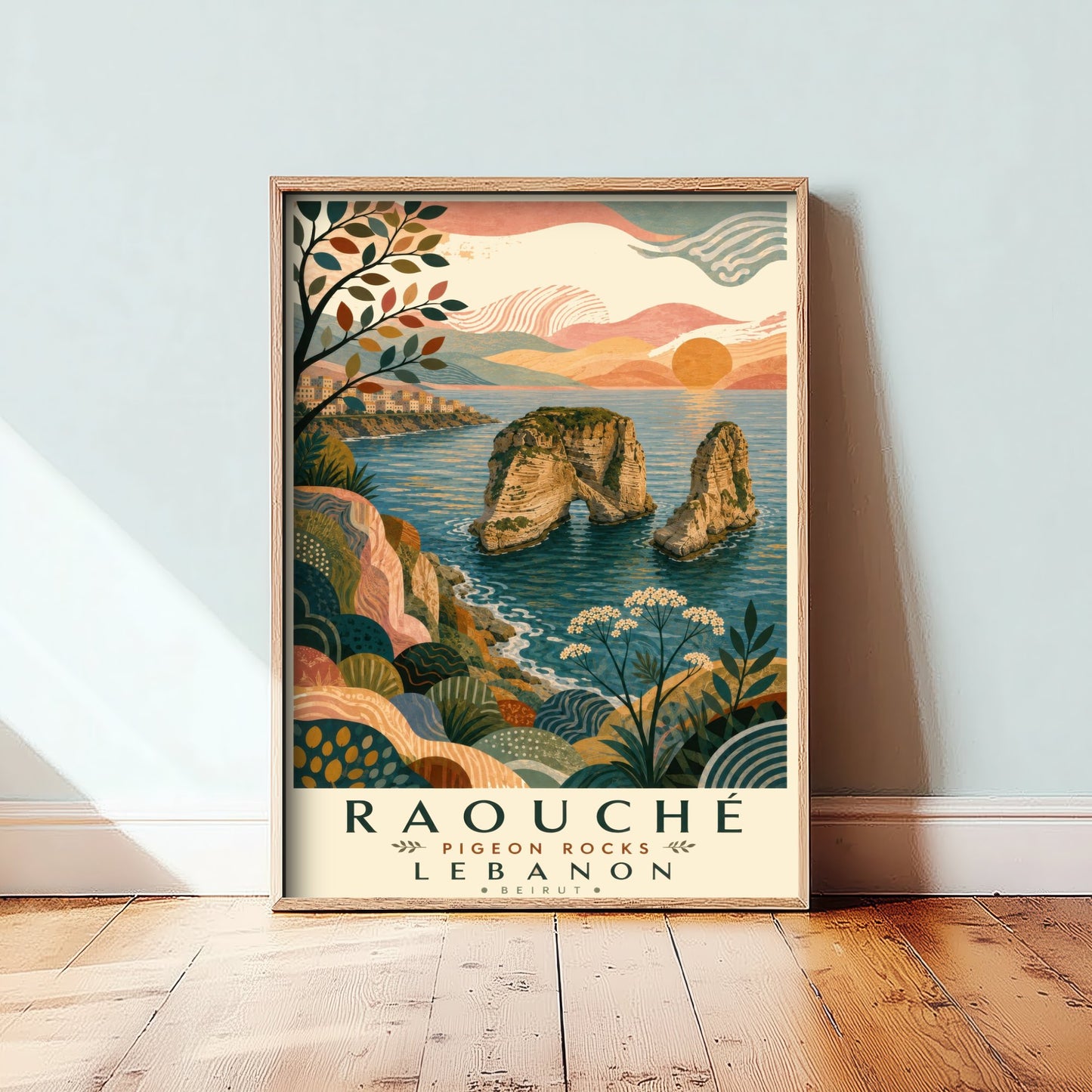 Pigeon Rocks Beirut Lebanon Travel Poster - Art Print - Boho Illustration - Raouche Coastal Wall Art V1 2/3