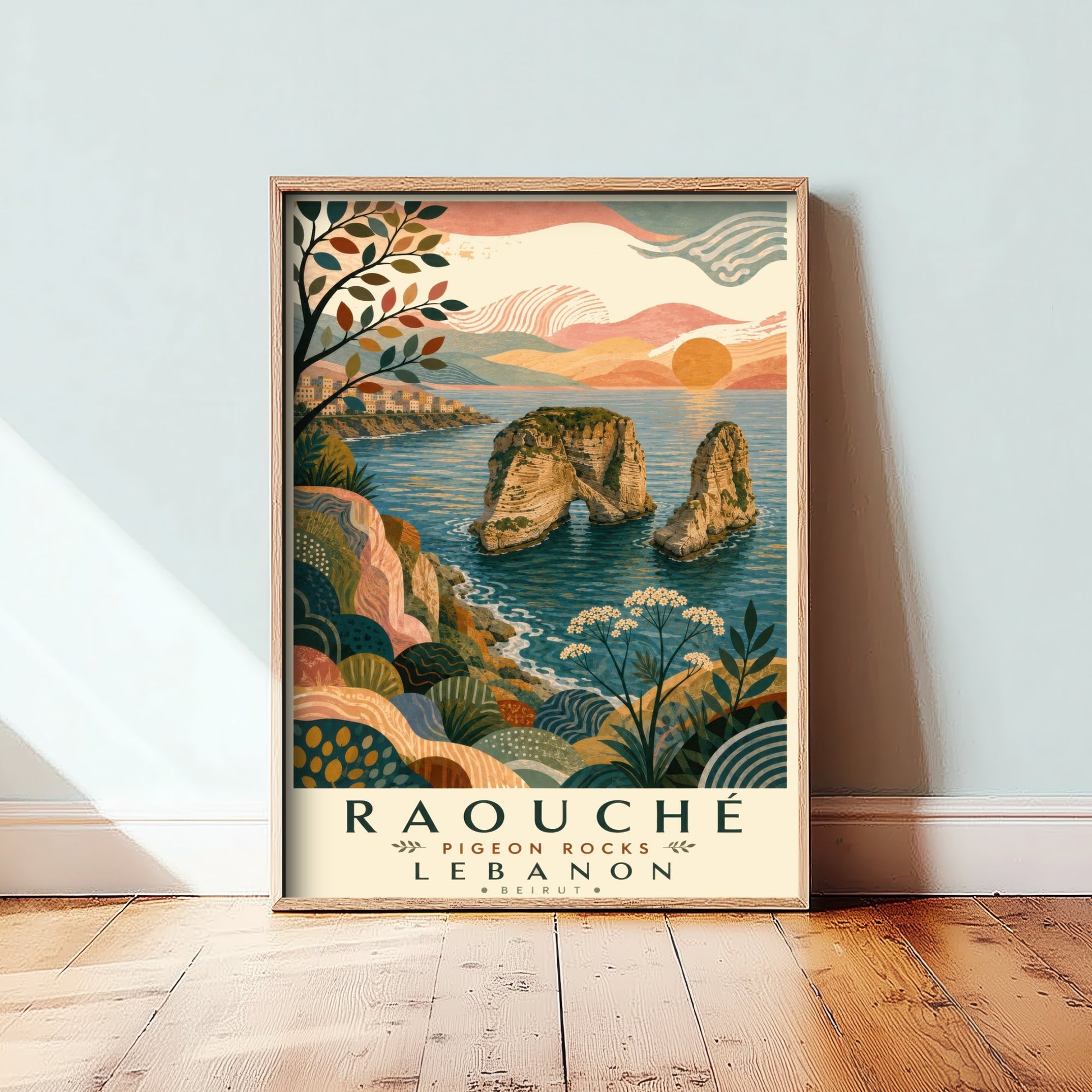 Pigeon Rocks Beirut Lebanon Travel Poster - Art Print - Boho Illustration - Raouche Coastal Wall Art V1 2/3