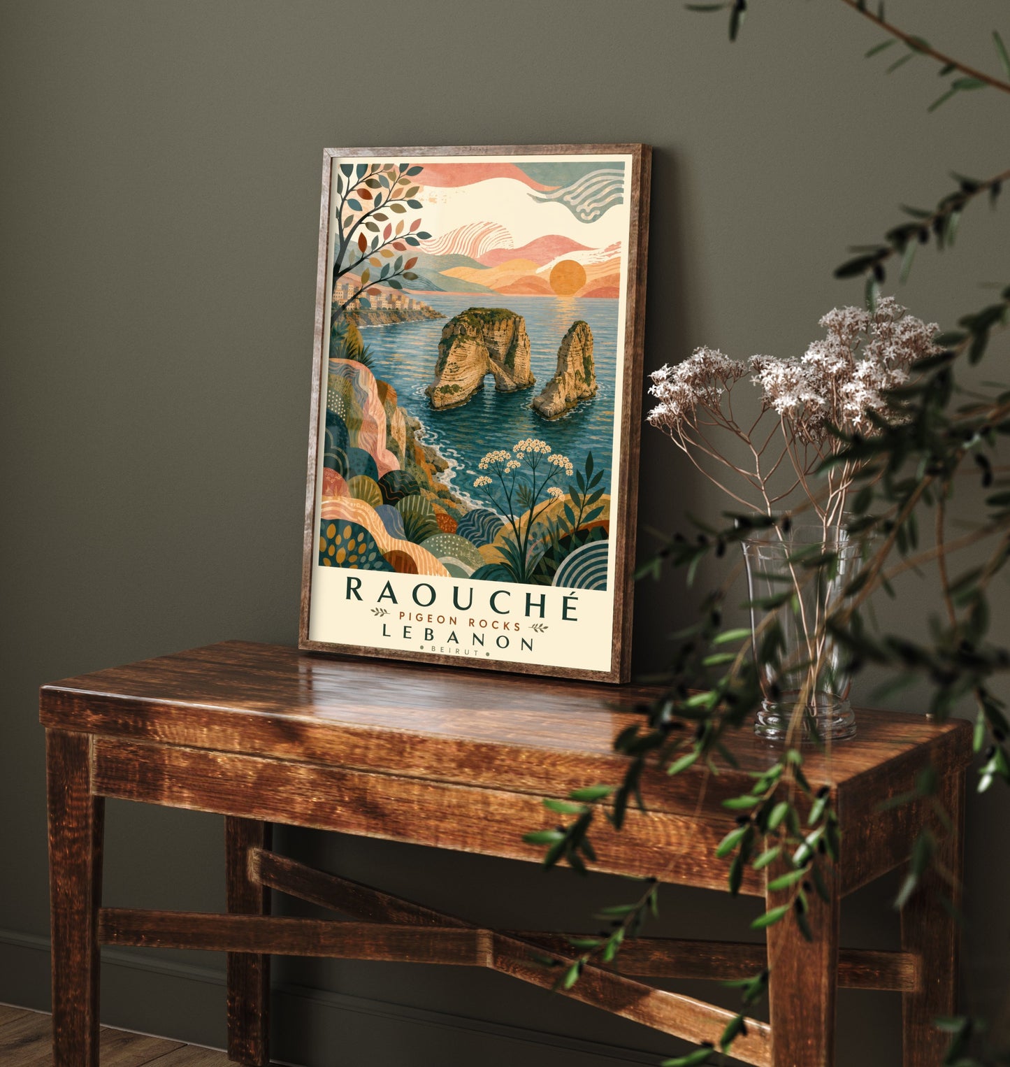 Pigeon Rocks Beirut Lebanon Travel Poster - Art Print - Boho Illustration - Raouche Coastal Wall Art V1 2/3