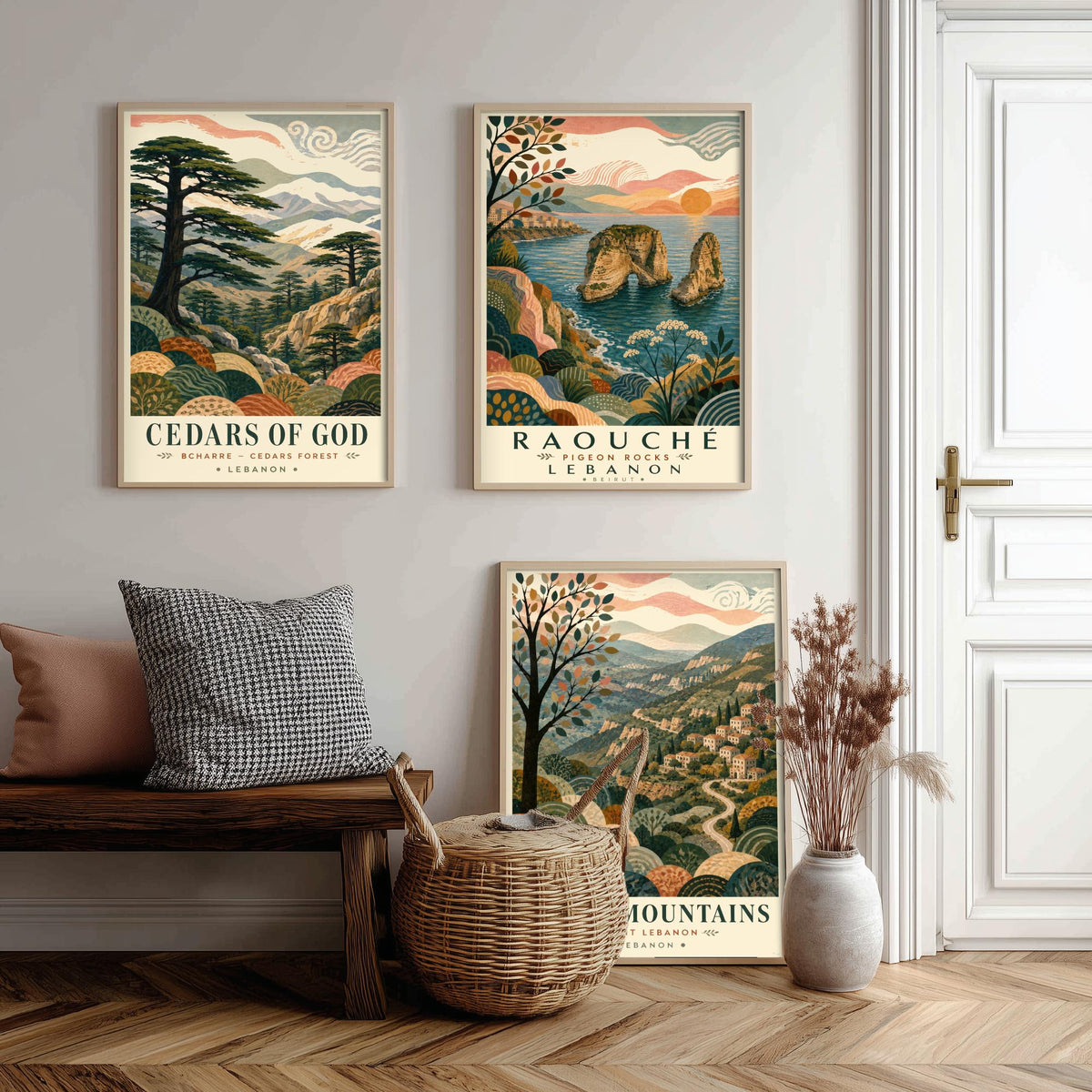 Lebanon Travel Set of Three Prints - Cedars of God, Pigeon Rocks, Chouf Mountains - 3 Folk Art Posters Illustration Gift Map V1