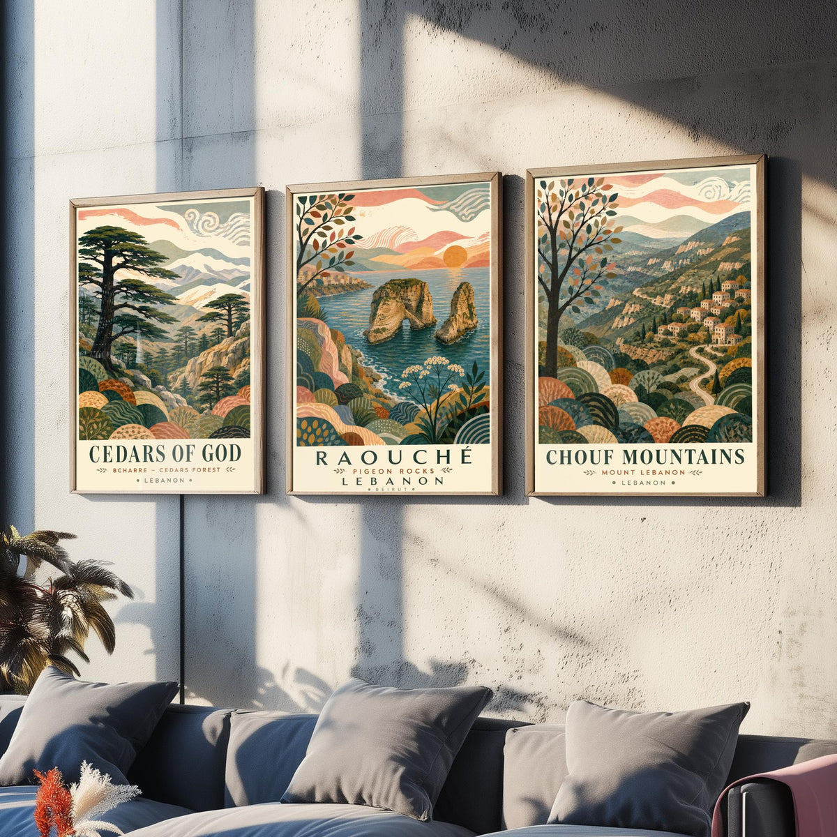 Lebanon Travel Set of Three Prints - Cedars of God, Pigeon Rocks, Chouf Mountains - 3 Folk Art Posters Illustration Gift Map V1
