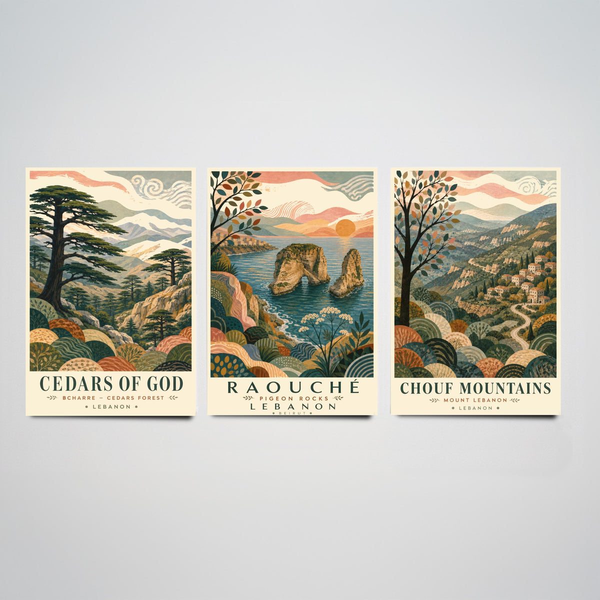 Lebanon Travel Set of Three Prints - Cedars of God, Pigeon Rocks, Chouf Mountains - 3 Folk Art Posters Illustration Gift Map V1