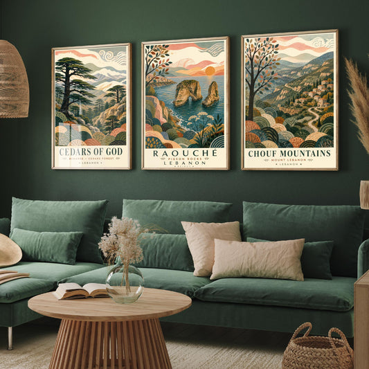 Lebanon Travel Set of Three Prints - Cedars of God, Pigeon Rocks, Chouf Mountains - 3 Folk Art Posters Illustration Gift Map V1