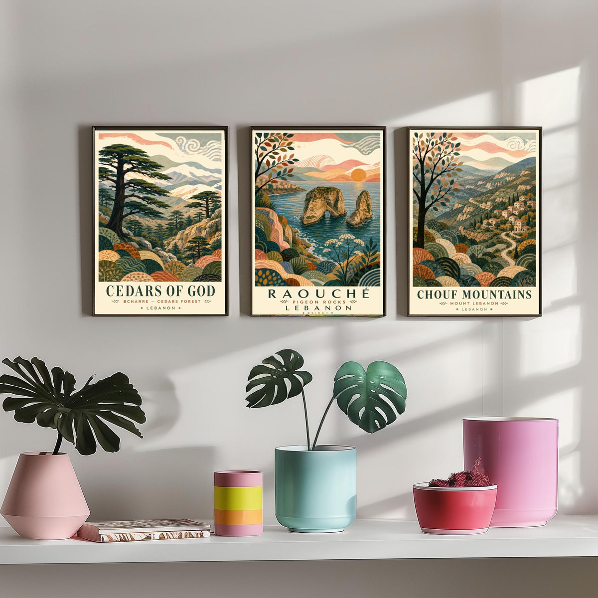 Lebanon Travel Set of Three Prints - Cedars of God, Pigeon Rocks, Chouf Mountains - 3 Folk Art Posters Illustration Gift Map V1
